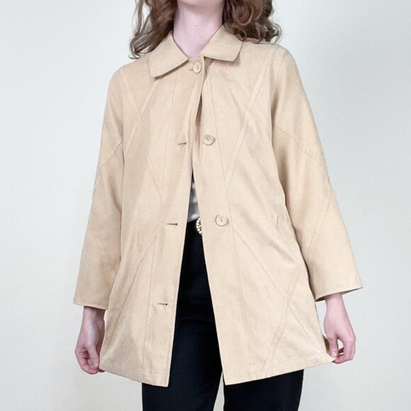 Vintage 90s Y2K Long Faux Suede Leather Peacoat Trench Jacket Quiet Luxury Coat - Picture 6 of 9